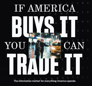 The image is a bold black-and-white graphic advertising SpendMarket, featuring the slogan "IF AMERICA BUYS IT, YOU CAN TRADE IT" with the tagline "The information market for everything America spends." It serves as visual branding for the post highlighting SpendMarket as a new prediction markets platform based on real brand spending data.