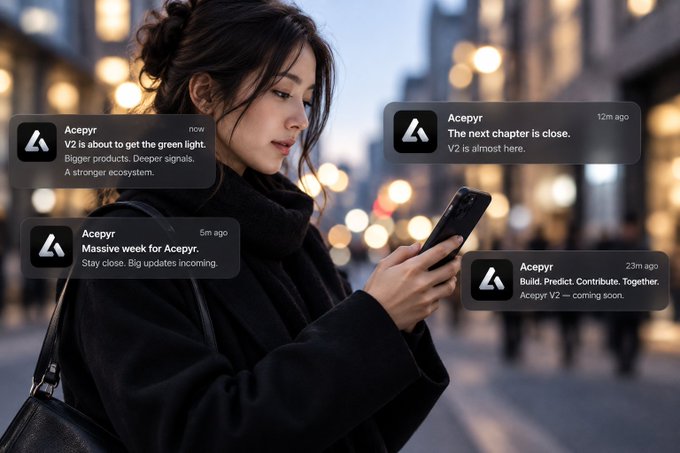 A woman in a black coat stands on a city street at dusk looking at her phone, with four notification banners from "Acepyr" displayed around her referencing V2, a "green light," and upcoming announcements.