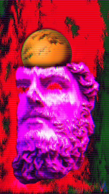 A glitch-art style image of a classical sculpture's head tinted bright magenta, topped with a yellow sphere against a vivid red and green background.
