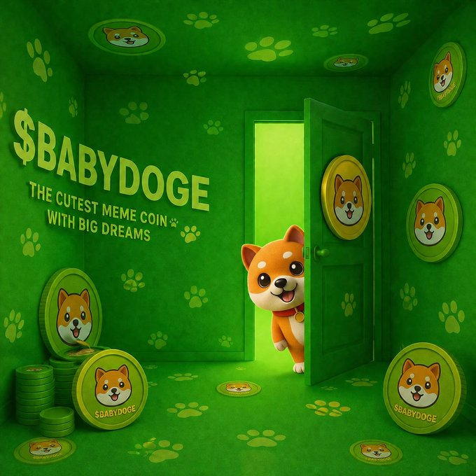A vibrant green room decorated with Shiba Inu dog imagery, paw prints, and coins, featuring an orange Shiba Inu dog peeking through an open door, with the text '$BABYDOGE - THE CUTEST MEME COIN WITH BIG DREAMS'.