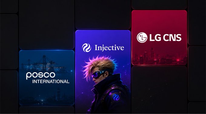 A digital graphic displays logos for Posco International, Injective, and LG CNS on illuminated colored tiles against a dark background.