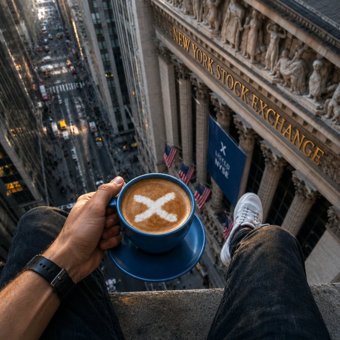 A hand holding a blue coffee cup with a white "X" in the foam dangles above the New York Stock Exchange, where a banner reads "UNUSED NYSE." The poised, steady grip on the warm cup mirrors the post's message—contrasting the calm, deliberate sip against the volatile rush of trading below.