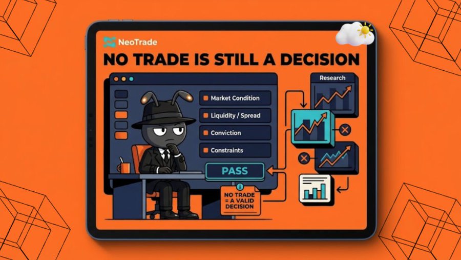 A NeoTrade promotional graphic featuring an ant character at a desk with the text 'NO TRADE IS STILL A DECISION' and checkboxes for Market Condition, Liquidity/Spread, Conviction, and Constraints, all marked with a 'PASS' stamp.