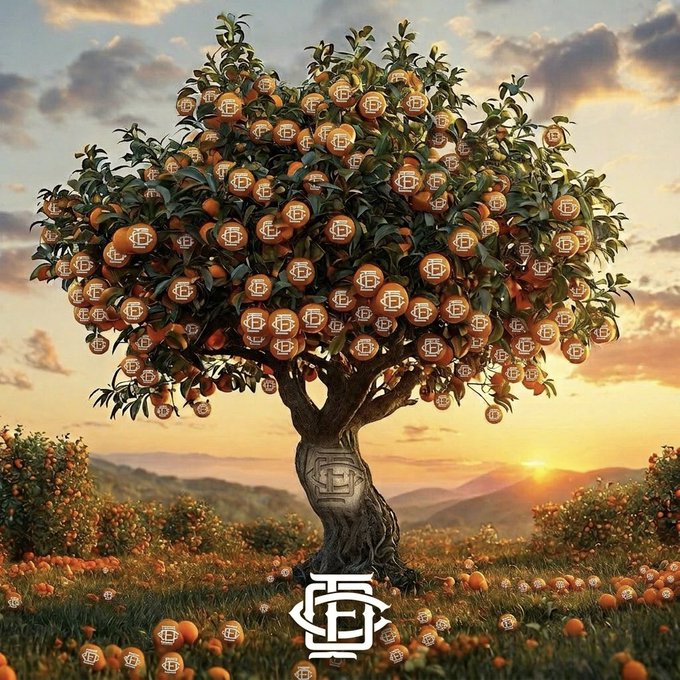 The image features an orange tree with numerous oranges hanging from its branches against a beautiful sunset backdrop. The text "The countdown to the @FIFAWorld Cup is officially ON, and the @ofc_theClub Club ecosystem is building something massive for the community!" highlights the upcoming exclusive partnership between the @FIFAWorldCup and the @ofc_theClub Club ecosystem. This partnership aims to create a massive online community dedicated to supporting the event by sharing content related to the tournament on social media platforms, which will help spread awareness about the event and engage fans in the countdown process.