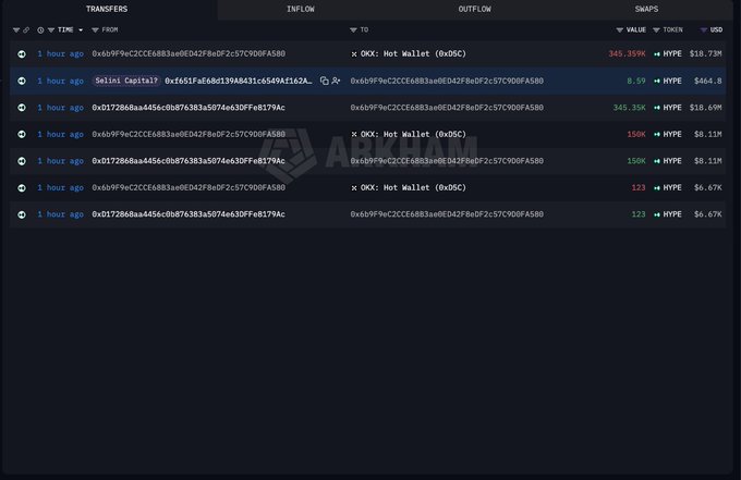 A dark-themed cryptocurrency transaction tracking interface showing recent transfers between wallets, with values in HYPE and USD.