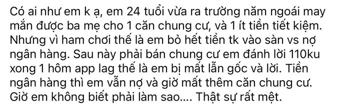 A Vietnamese-language social media post in which a 24-year-old investor confesses to losing 110k (vnd presumably) from futures trading, the principal, after leveraging their savings and selling their apartment. The image shows the original sad post, reflecting the accompanying comment's advice to come clean to family and pause to reconsider.