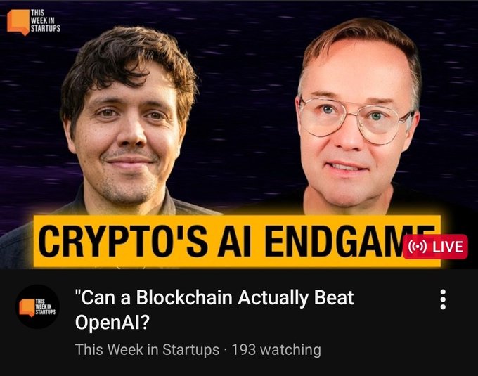 The image is a YouTube live stream thumbnail for "This Week in Startups" titled "CRYPTO'S AI ENDGAME," with the description "Can a Blockchain Actually Beat OpenAI?" It features headshots of hosts Jason Calacanis and guest Constant Reborn discussing Bittensor ($TAO) as a potential decentralized AI alternative to OpenAI.