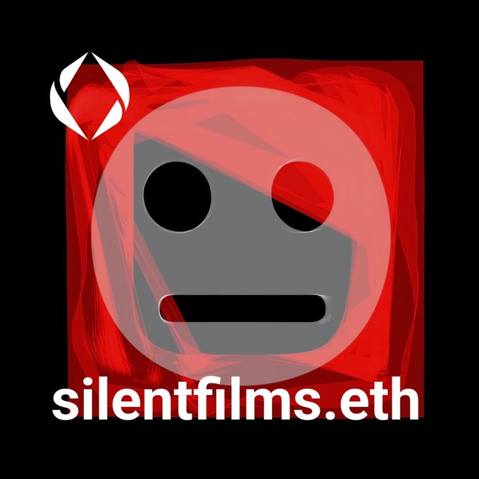A red square graphic featuring a stylized gray face with black eyes and mouth, overlaid with the white text 'silentfilms.eth' and a small logo in the upper left.
