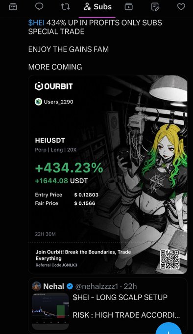 The image is a screenshot from a crypto trading community on Ourbit showing a posted $HEIUSDT long scalp trade that achieved +434.23% gains (+1644.08 USDT) from an entry price of $0.12803 to fair price of $0.1566 within 22 hours, advertised with an anime-style illustration and a referral code "JGNLK3." The post promotes this winning trade while teasing new opportunities, reinforcing the call-to-action urging subscribers to join "Orbit" before missing out on similar setups.