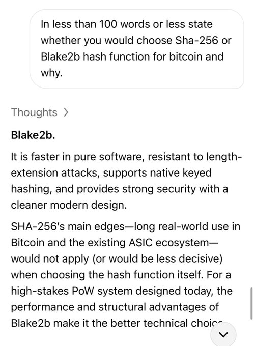 A screenshot of a mobile chat interface showing a user asking to choose between SHA-256 or Blake2b for Bitcoin in under 100 words, with an AI response explaining the technical advantages of Blake2b.
