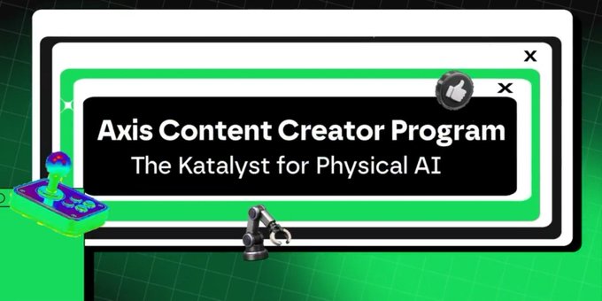 A pop-up style graphic with green neon borders displays the text "Axis Content Creator Program - The Katalyst for Physical AI," accompanied by a thumbs-up emoji and a small robotic hand icon. The image visually promotes the newly launched creator program by Axis Robotics in partnership with Kaito AI, which has allocated 0.25% of the $AXIS token supply to support Physical AI-focused creators.