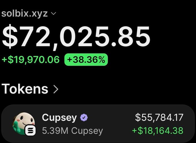 The image shows a crypto wallet tracker display for "solbix.xyz" showing a portfolio value of $72,025.85 (+$19,970.06, +38.36%), with the main holding being $Cupsey valued at $55,784.17 (+$18,164.38) with 5.39M tokens. This aligns with the post showcasing a profitable trade on $Cupsey, where $14,100 invested grew to over $67,000 in profit as the market cap increased from $1.94M to $11.2M.