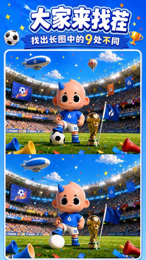 A 'spot the difference' game titled '大家来找茬' (Spot the Difference) featuring a Chinese text '找出长图中的9处不同' (Find 9 differences in the long image), showing two scenes of a baby character on a soccer field.
