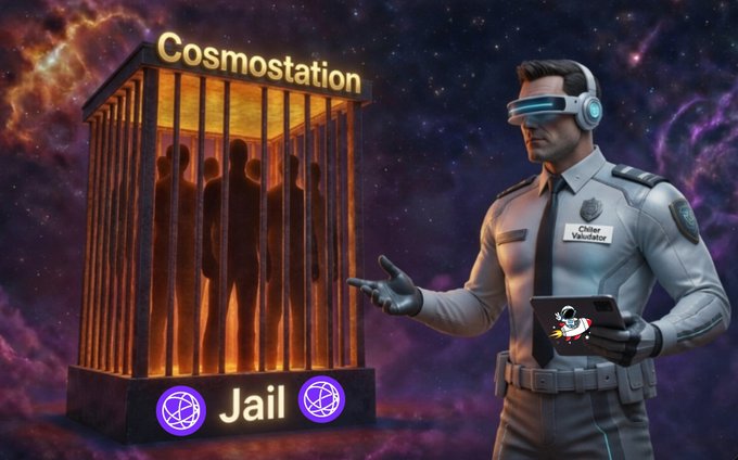 A sci-fi style promotional image for Cosmostation showing a glowing prison cell labeled 'Jail' containing silhouettes of prisoners, with a Chief Validator officer in futuristic gear holding a tablet.