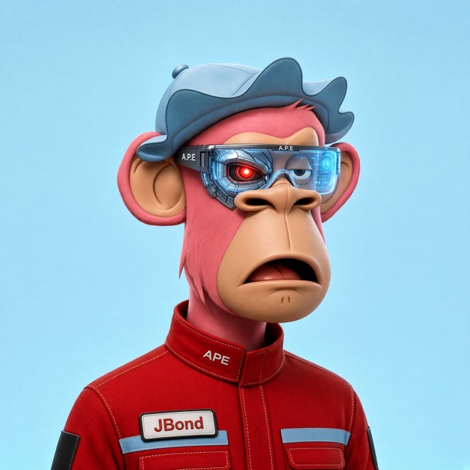 A 3D-rendered NFT-style image of a pink monkey character wearing a blue cap, futuristic cybernetic glasses with a red eye, and a red racing suit labeled 'APE' with a 'JBond' name tag.