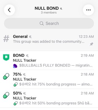 A community group chat screen titled 'NULL BOND' with 3 members, showing recent activity including a General post at 12:23 AM, and BOND NULL Tracker notifications at 2:19 AM and 2:18 AM about $BULLBALLS and $almo bonding progress.