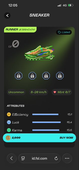 A mobile screen showing a digital sneaker NFT called "SNEAKER" of type "RUNNER #300454741", marked as Listed, Uncommon, with attributes Efficiency 15.1, Luck 16.4, Karma 15.6, priced at 2,000 on id.fsl.com.