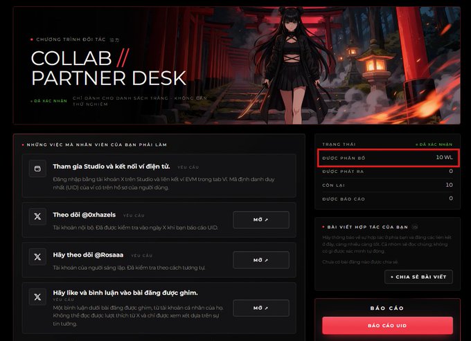 A dark webpage for the 'COLLAB // PARTNER DESK' program featuring anime-style artwork of a dark-haired female character, listing required tasks like following X accounts @Oxhazels and @R0saaa, with a status panel showing 'ĐƯỢC PHÂN BỔ 10 WL' (Allocated 10 Whitelist spots) highlighted by a red rectangle.