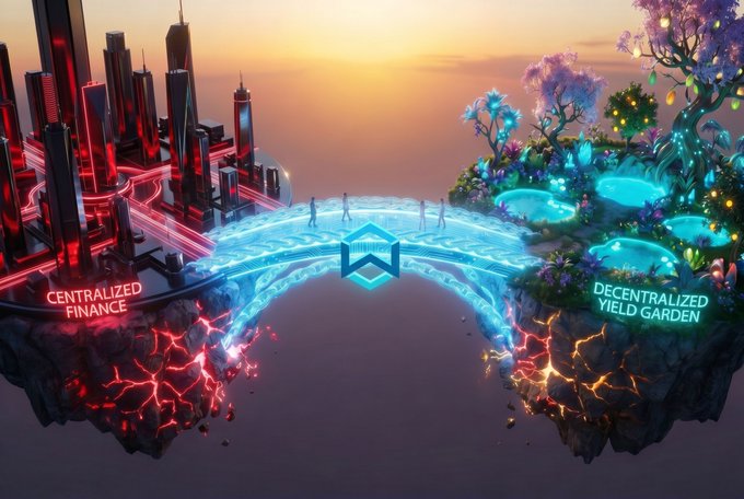 A conceptual digital illustration contrasting "CENTRALIZED FINANCE" (depicted as dark red skyscrapers) with "DECENTRALIZED YIELD GARDEN" (depicted as lush nature), connected by a glowing bridge with the Coinbase logo in the center.