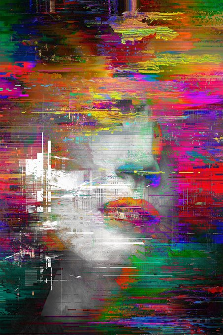 A heavily glitch-distorted digital image showing a face partially obscured by colorful horizontal bands of red, green, and blue pixel artifacts.