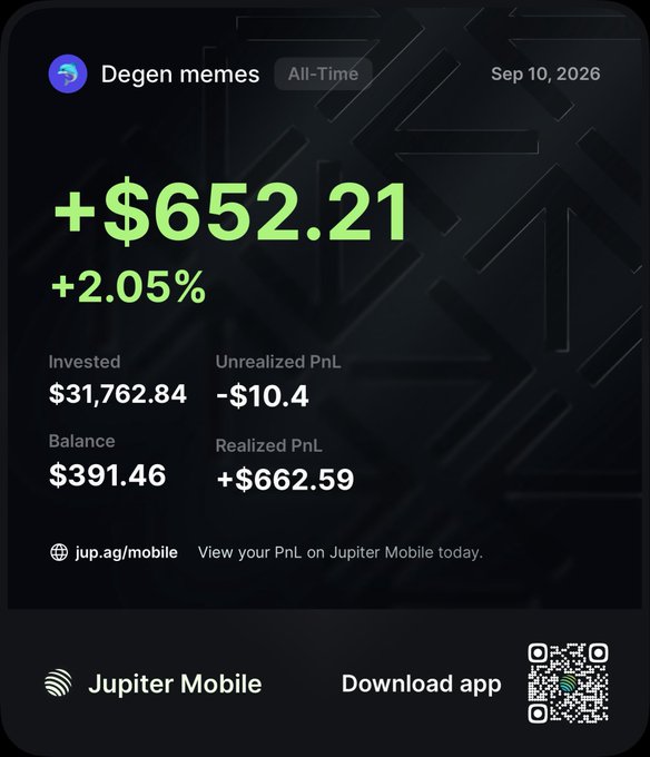A Jupiter Mobile app screenshot displays 'Degen memes' portfolio stats: +$652.21 (+2.05%), with $31,762.84 invested, -$10.4 unrealized PnL, $391.46 balance, and +$662.59 realized PnL, dated Sep 10, 2026.