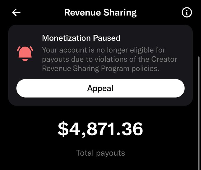 A screenshot of a "Revenue Sharing" page showing "Monetization Paused" with a notification that the account is no longer eligible for payouts due to policy violations, alongside a total payout balance of **$4,871.36**. The post humorously comments on the irony of having earned a substantial four-figure sum while monetization is currently suspended, awaiting the next payout.
