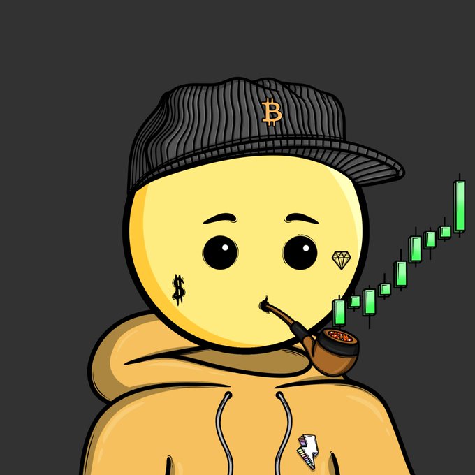 Cartoon illustration of a character in a Bitcoin-logo cap and yellow hoodie smoking a pipe, with a dollar sign face tattoo, diamond face tattoo, and a rising green candlestick chart in the background.