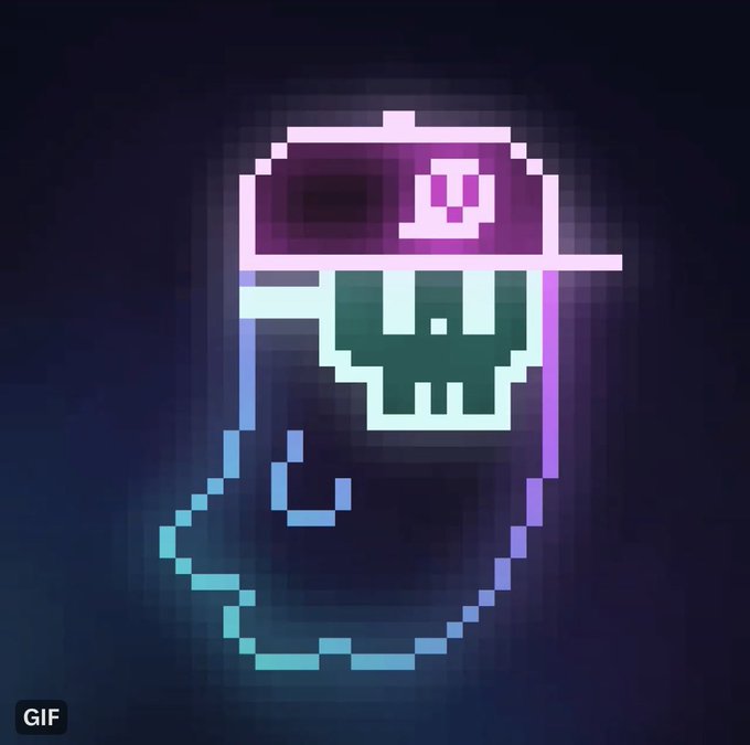 A pixel art GIF shows a stylized, abstract face with sunglasses against a dark purple background, with the word 'GIF' in the bottom corner.