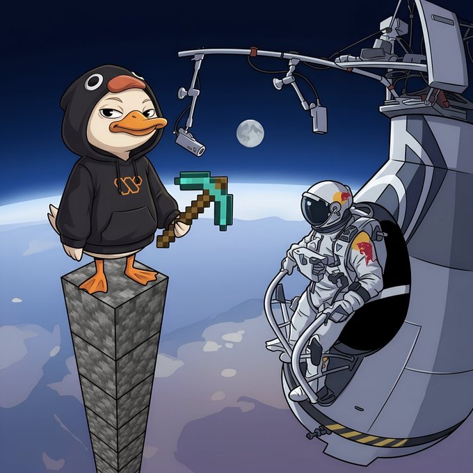 An illustration shows a duck in a black hoodie holding a diamond pickaxe on a stone pillar, facing an astronaut with Red Bull branding on a space station with Earth visible below.