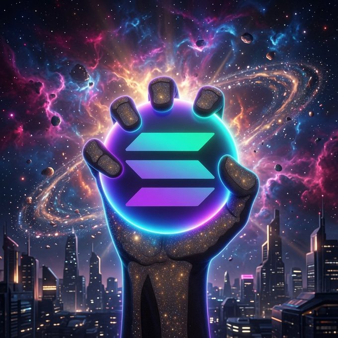 The image features a hand holding a large, glowing orb that has the letters "S", "O", and "L" written on it. The hand appears to be made of metal or stone with a futuristic design. Surrounding the hand is an array of buildings in various sizes and shapes, suggesting an urban setting. The image also contains text that reads "I will not sell $SOL".