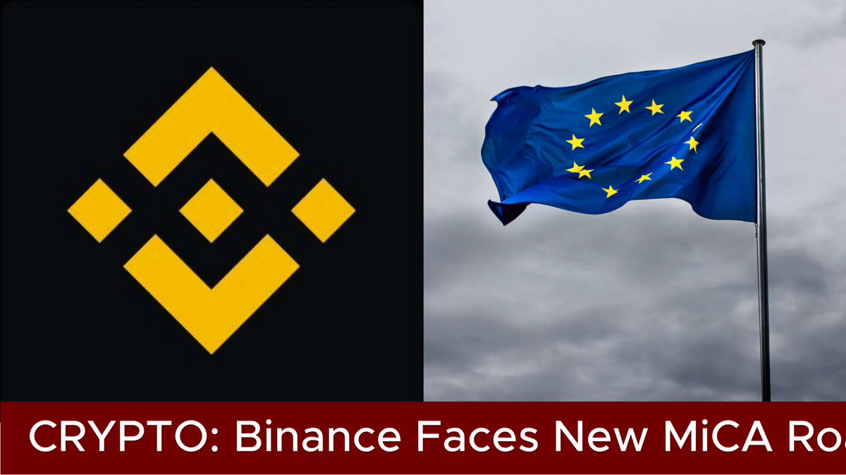 The image features a flag with a yellow diamond shape and a blue circle, accompanied by a text box that reads "CRYPT: Binance Faces New MiCA Roadblock In Europe ECB President Christine Lagarde opposed Binance'S entry into the EU market". The flag is located on the left side of the image.