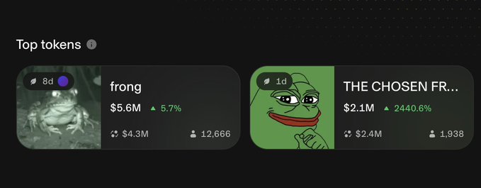 A 'Top tokens' dashboard displaying 'frong' at $5.6M (+5.7%) with 12,666 holders and 'THE CHOSEN FR...' (featuring a Pepe the Frog image) at $2.1M (+2440.6%) with 1,938 holders.