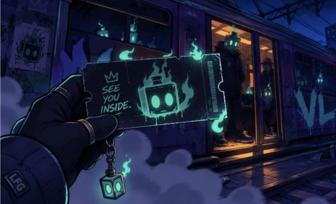 A first-person view of a gloved hand holding a glowing green subway ticket that reads 'SEE YOU INSIDE.' with a robot face design, set against a dark subway car filled with similar robots.