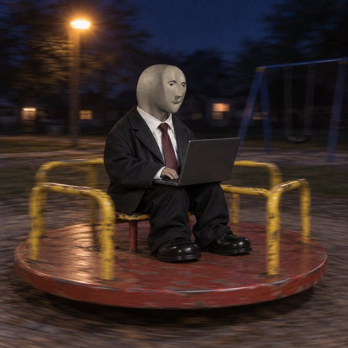 A surreal 3D rendered image of a figure wearing a dark business suit and tie, sitting on a spinning yellow and red playground roundabout at dusk while typing on a laptop, with a featureless face resembling a plain mask.