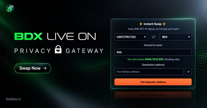 A digital advertisement for a cryptocurrency swap service showing "BDX LIVE ON PRIVACY GATEWAY" and "beldex.io", featuring an instant swap interface between USDT(TRC20) and BDX.