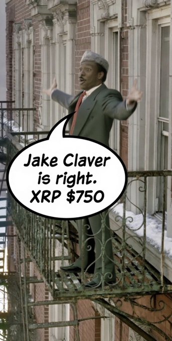 A man in a gray suit and cap stands with arms outstretched on an outdoor staircase, with a speech bubble declaring "Jake Claver is right. XRP $750." The bold prediction ties into the post's emphatic endorsement of Jake Claver's bullish outlook on XRP, visually amplifying the claim with the man's enthusiastic, almost preaching-like pose.