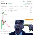 A financial chart displays a steep price decline for ticker SOXS at $8.82 (-6.09%) with visible red candles and technical indicators, overlaid on an image of a frustrated-looking man reacting in disbelief. The image humorously captures the user's frustration in the accompanying post, expressing annoyance after missing the opportunity to close a position before the sharp drop erased their gains.
