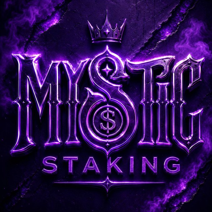 A purple-themed promotional graphic featuring a crown above stylized 'MYSTRA' lettering with a dollar sign, labeled 'STAKING' at the bottom.