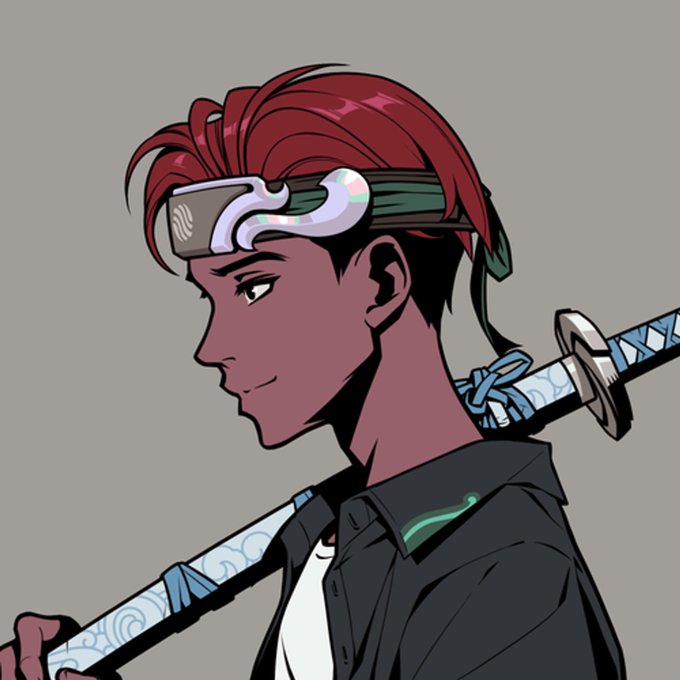 Digital illustration of a character with dark skin, red hair tied back, wearing a futuristic visor and carrying a katana, shown in profile against a gray background.