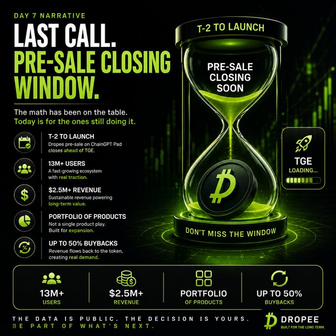 The image features a green hourglass with a black coin inside, which appears to be a Bitcoin. The text at the bottom of the image reads "Day 7 narrative Last Call Pre-Sale Closing Window. The math has been BEEN THE TABLE. Today is the DAY that the math has been done. The math has been done. The math has been done." This suggests that the coin inside the hourglass represents a significant event or milestone related to Bitcoin, possibly indicating its value or popularity in the market.