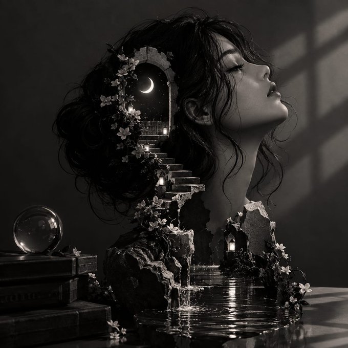 A surreal black and white digital art piece featuring a woman's profile merged with a dreamy landscape of stone arches, stairs, flowers, and water reflecting the scene.