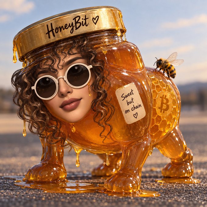 A 3D-rendered artwork of a honey jar shaped like a four-legged creature with a woman's face and curly hair wearing sunglasses, labeled 'HoneyBit' with a tag reading 'Sweet but on chain' alongside a Bitcoin symbol.