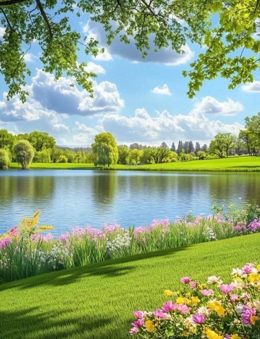 A vibrant, idyllic landscape painting showing a tranquil lake surrounded by lush green trees and fields, with colorful pink, yellow, and white flowers blooming in the foreground under a blue sky with fluffy clouds.