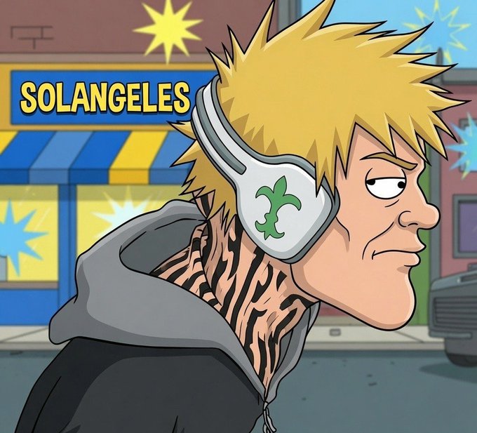 A cartoon character with spiky blonde hair, headphones, and a neck tattoo stands on a city street with a sign reading "SOLANGELES" in the background, capturing the meme-style, anime-inspired crypto branding of the $SOLANGELES token.