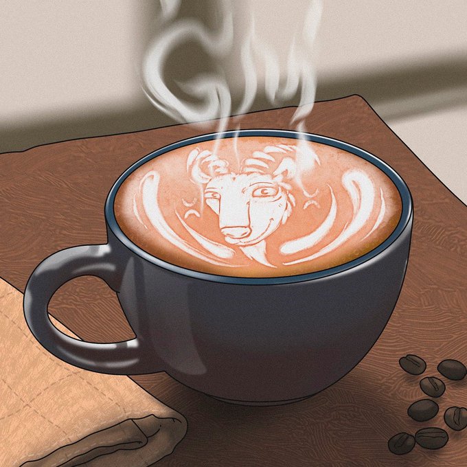 A digital illustration of a steaming cup of coffee with latte art depicting a dog's face, placed on a wooden surface with coffee beans beside it.