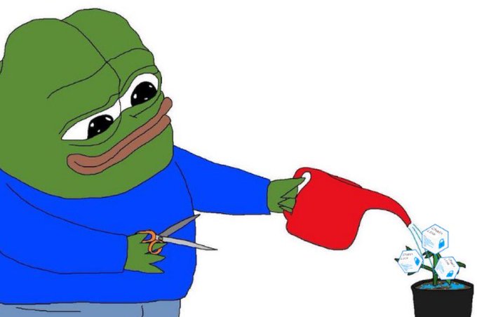 A cartoon Pepe the Frog character in a blue shirt holding scissors in one hand and watering a potted plant with a red watering can, where the plant bears boxes labeled with what appears to be a logo.