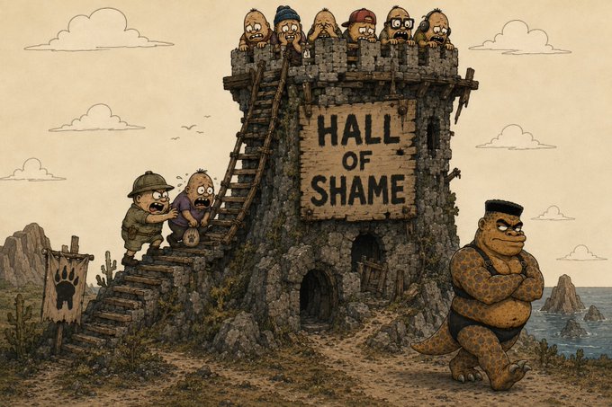A cartoonish illustration of a stone tower labeled "HALL OF SHAME," with characters peering down from the top, two figures climbing a wooden ladder, and a muscular reptilian creature standing guard outside.