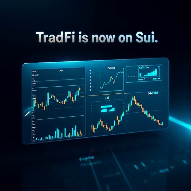 A screen shows a chart of stock market trends, with the caption "TradedFi Is now on Sui." The chart displays multiple lines moving in different directions, creating an animated visual representation of the fluctuations in stock prices over time. The background is black, providing a stark contrast that makes the colorful lines and bars stand out prominently against it.
