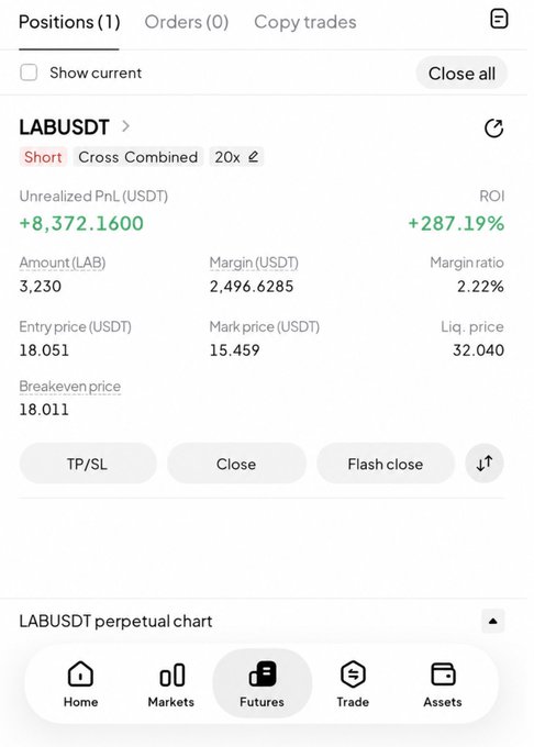 In this image, a screenshot of an app is being displayed that focuses on analyzing and predicting market trends for various trades such as stocks or financial instruments like bitcoin. The user has just started their short position on labusDT with $8,000 worth of shares, which they have bought at a price of 3.77E-17, and are waiting to see how the market will perform over time. The app is providing an estimated ROI for this position in green, indicating potential profits once executed successfully.