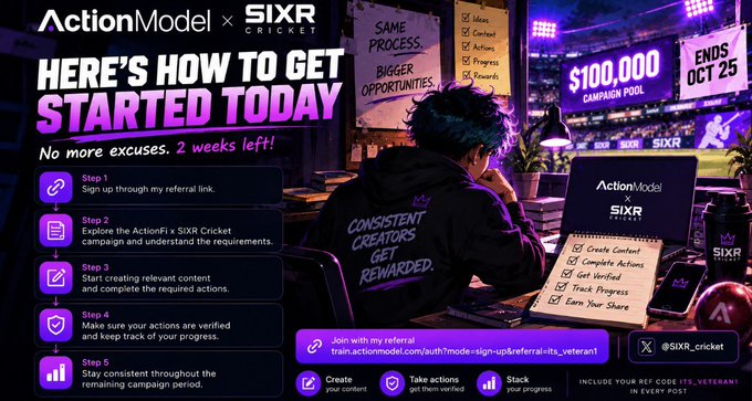 A promotional graphic for 'ActionModel x SIXR CRICKET' campaign titled 'HERE'S HOW TO GET STARTED TODAY,' detailing a 5-step process to earn from a $100,000 campaign pool ending Oct 25, featuring a person working at a laptop.